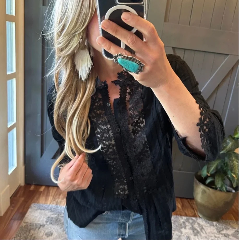 New Bohemian Black Lace Button Front Blouse /  Top Summer Dress Vintage Shirt - Picture 2 of 10